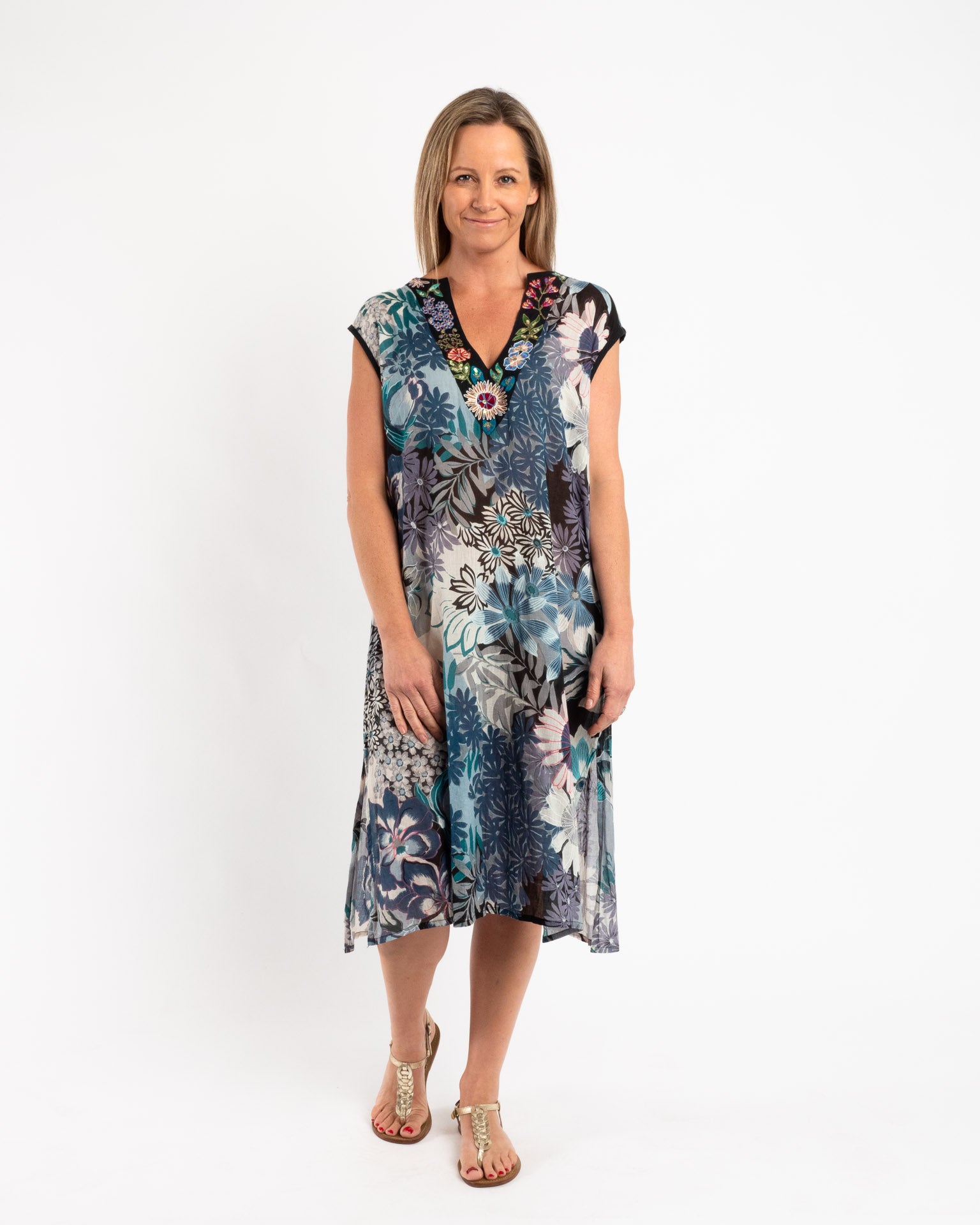 Sleeveless Summer Shift Dress With Embellished V-neck in Blue Grey - Main Image