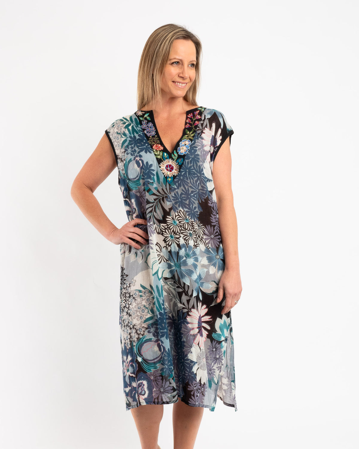 Sleeveless Summer Shift Dress With Embellished V-neck in Blue Grey Floral