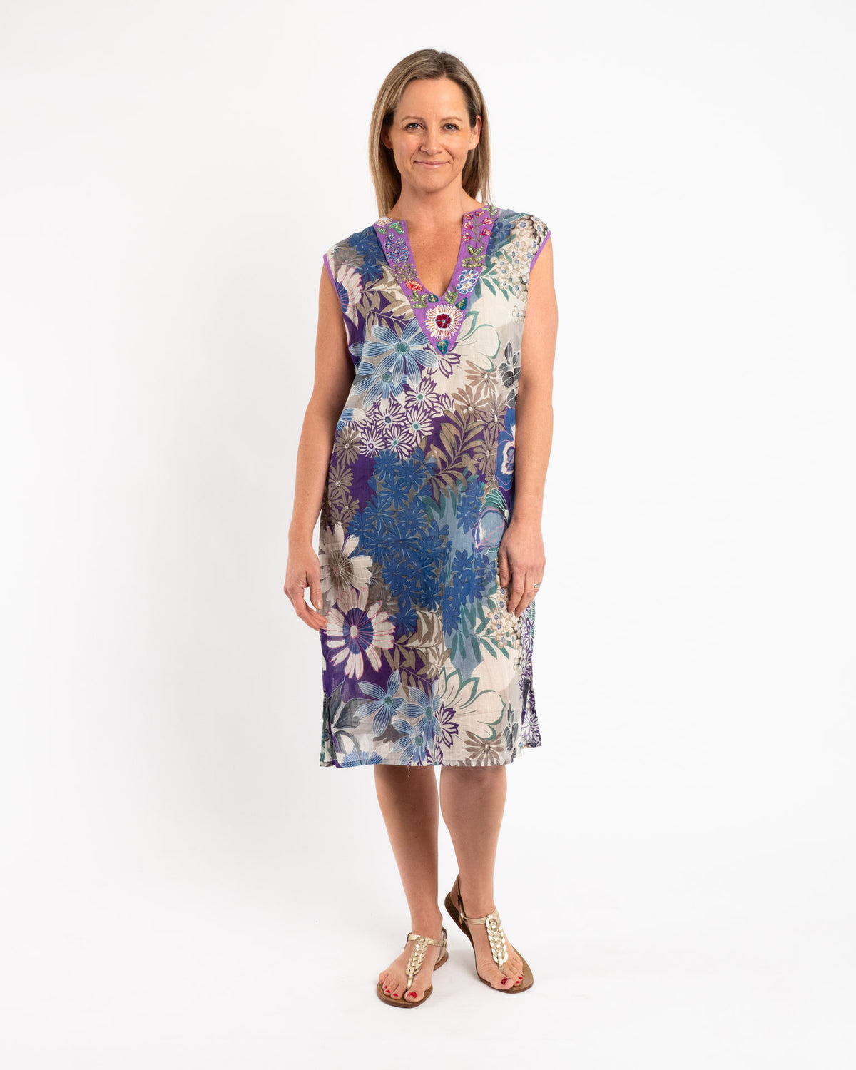 Sleeveless Summer Shift Dress with Embellished V-neck in Blue Mauve Floral
