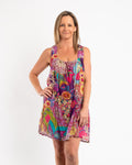 Short Summer Cotton Dress in Multi Fuchsia Print