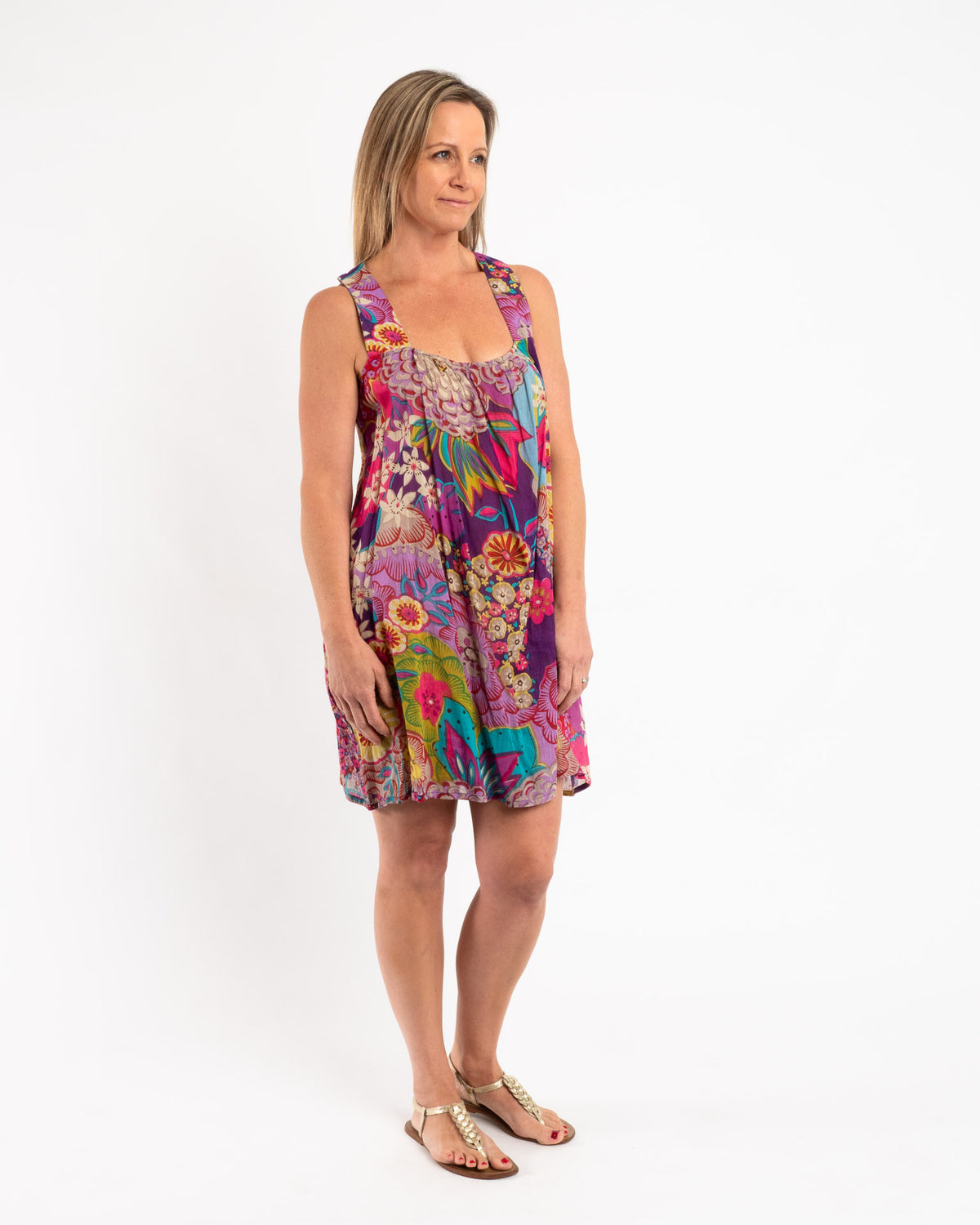 Short Summer Cotton Dress in Multi Fuchsia Print