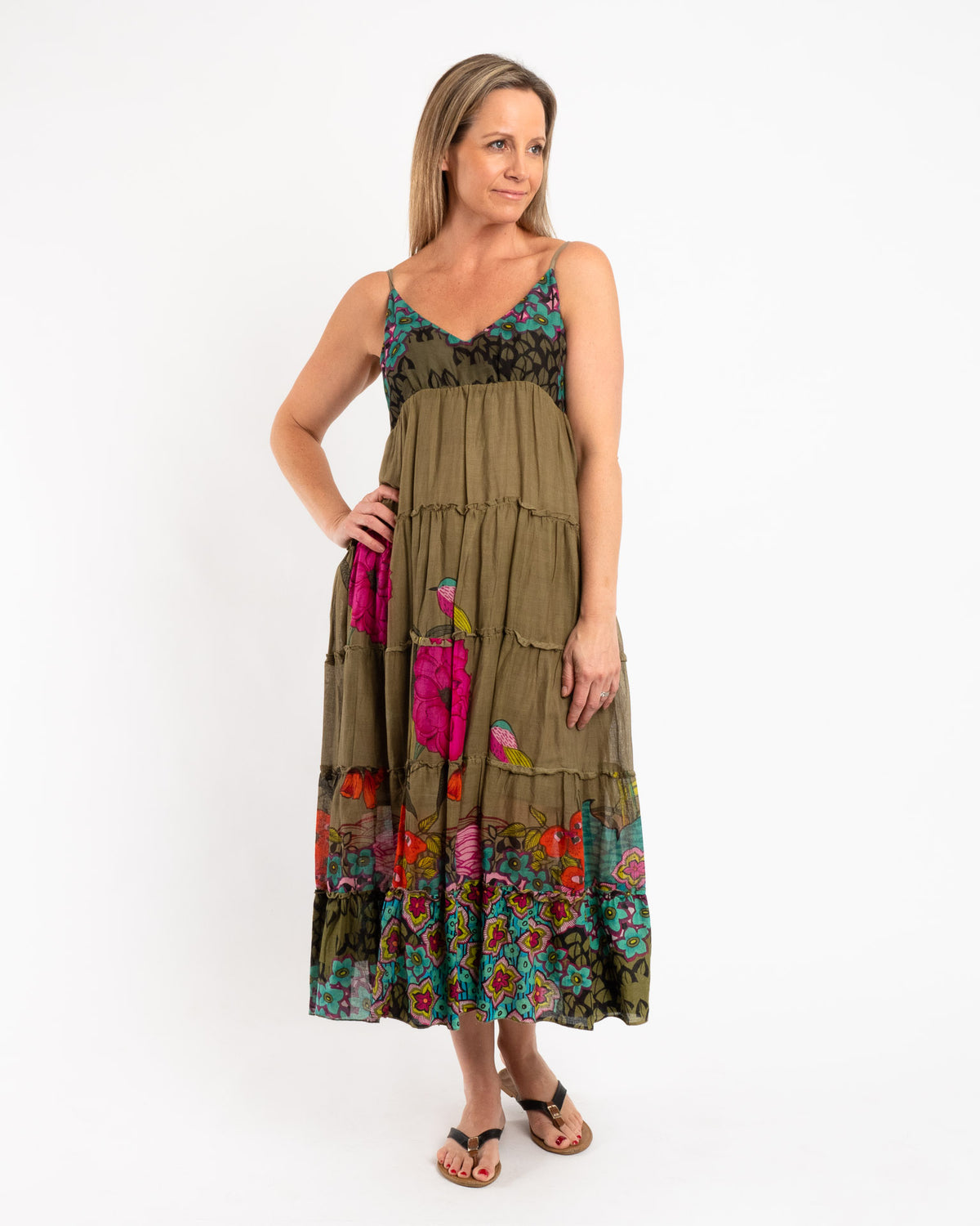 Long Strappy Lined Summer Dress in Dark Olive Floral