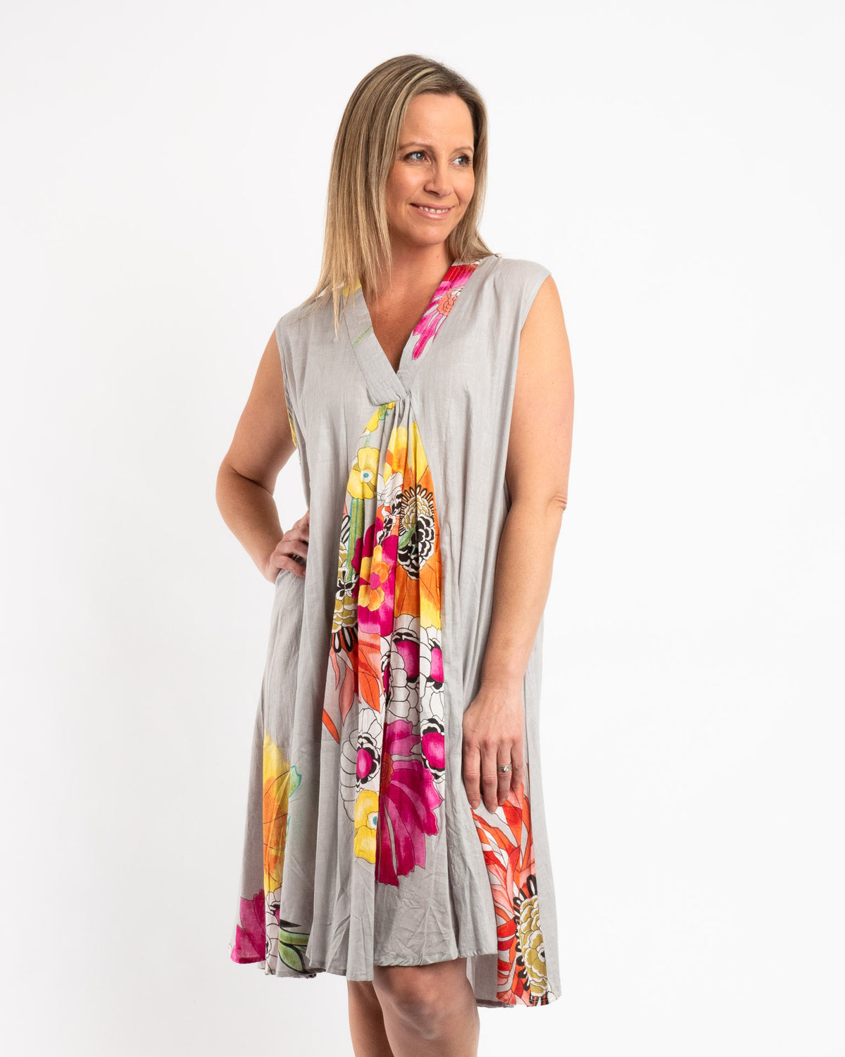 A-line Sleeveless Dress in Grey Floral