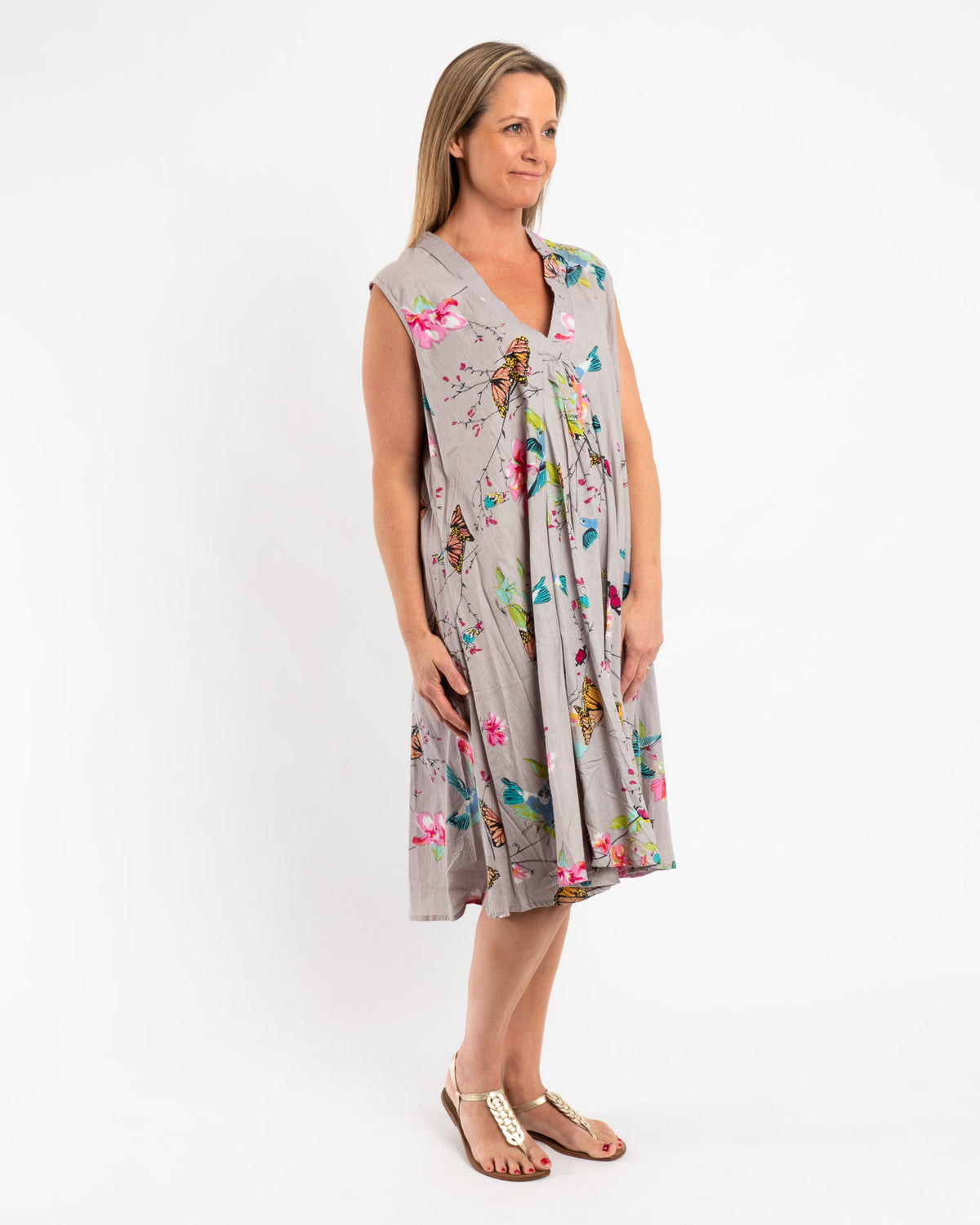 A-line Sleeveless Dress in Grey Butterfly