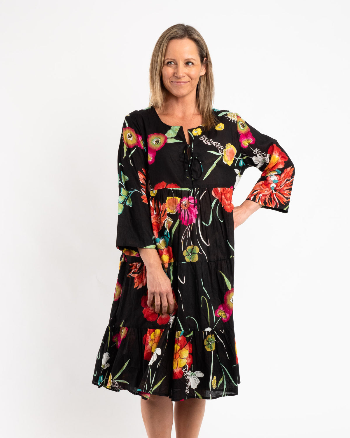 Gypsy Style Panel Dress in Black Floral