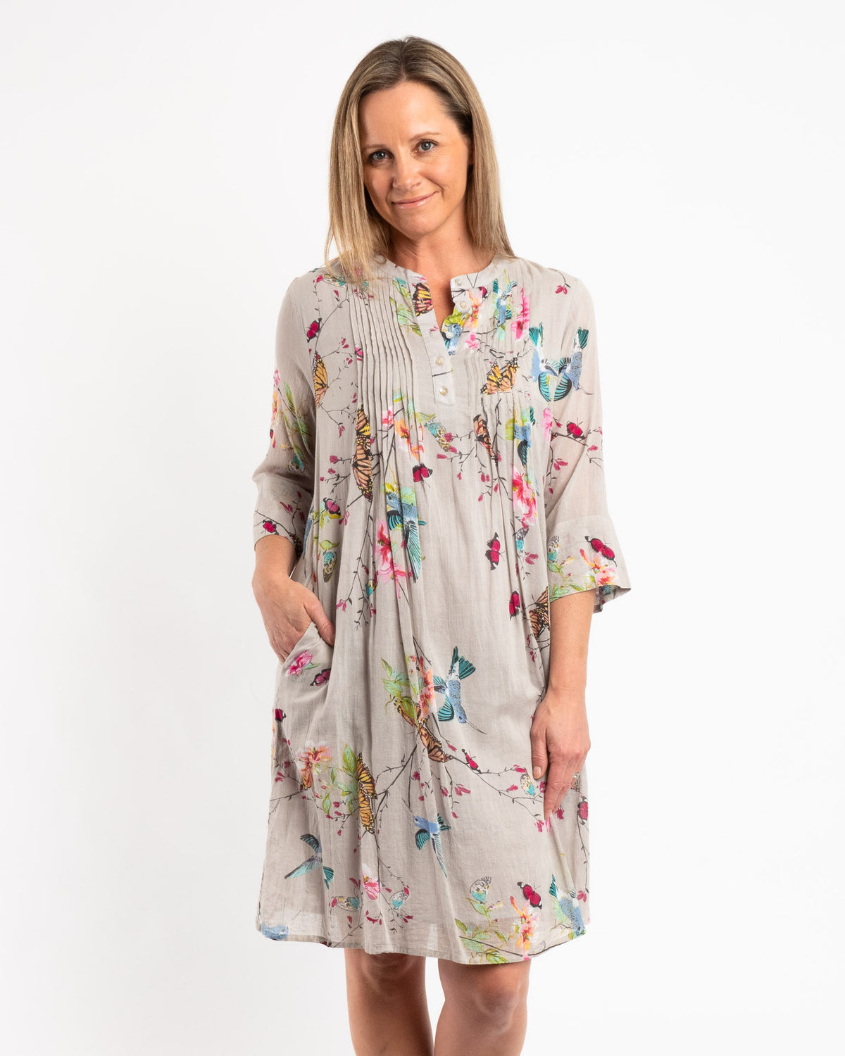 Lined Summer Dress in Grey Butterfly Print