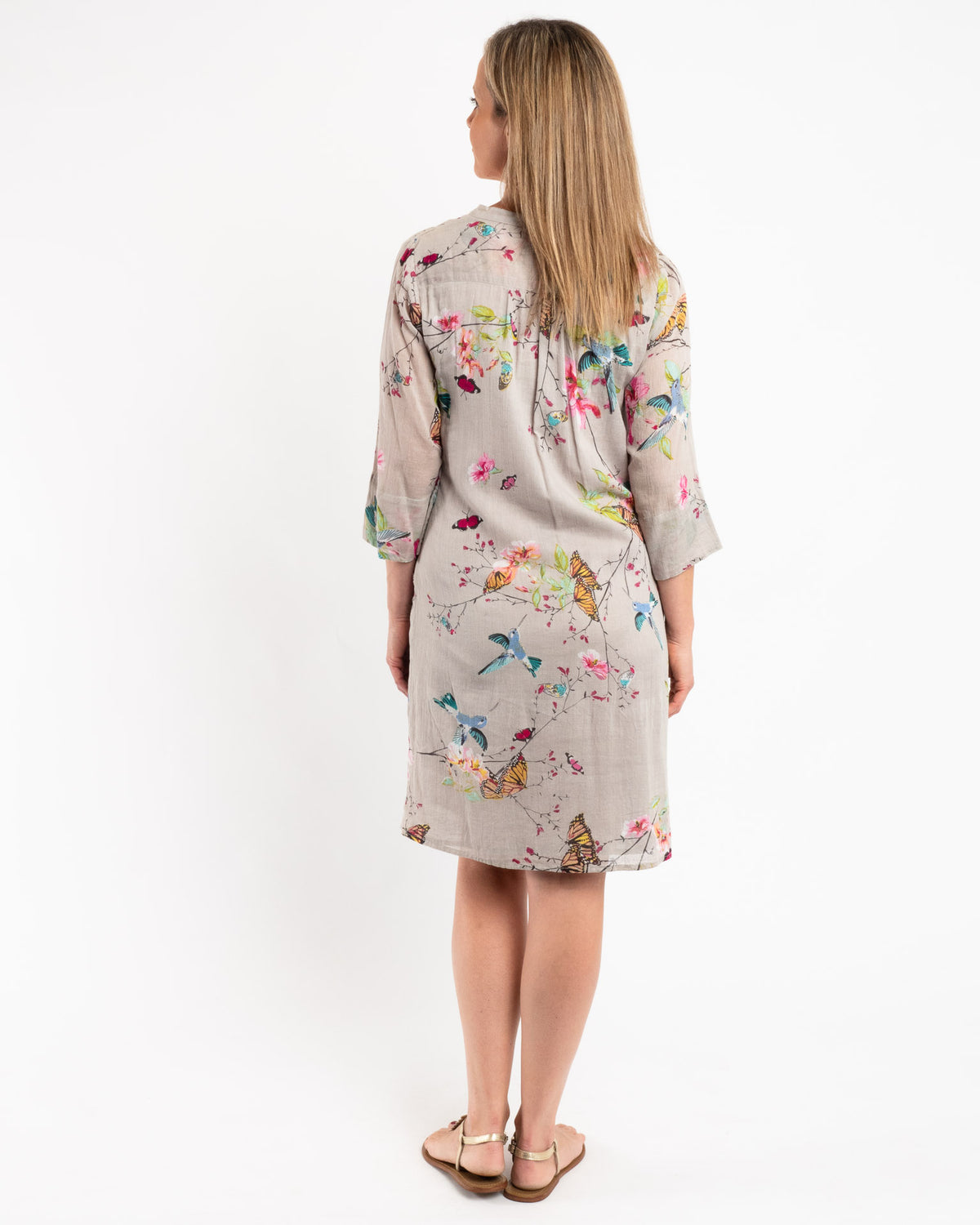 Lined Summer Dress in Grey Butterfly Print