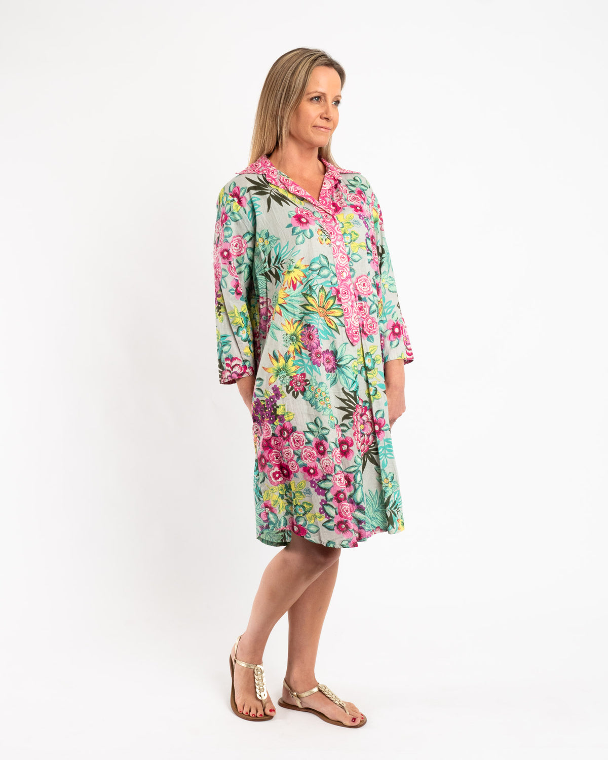 Collared Summer Dress in Pink and Pale Green Floral