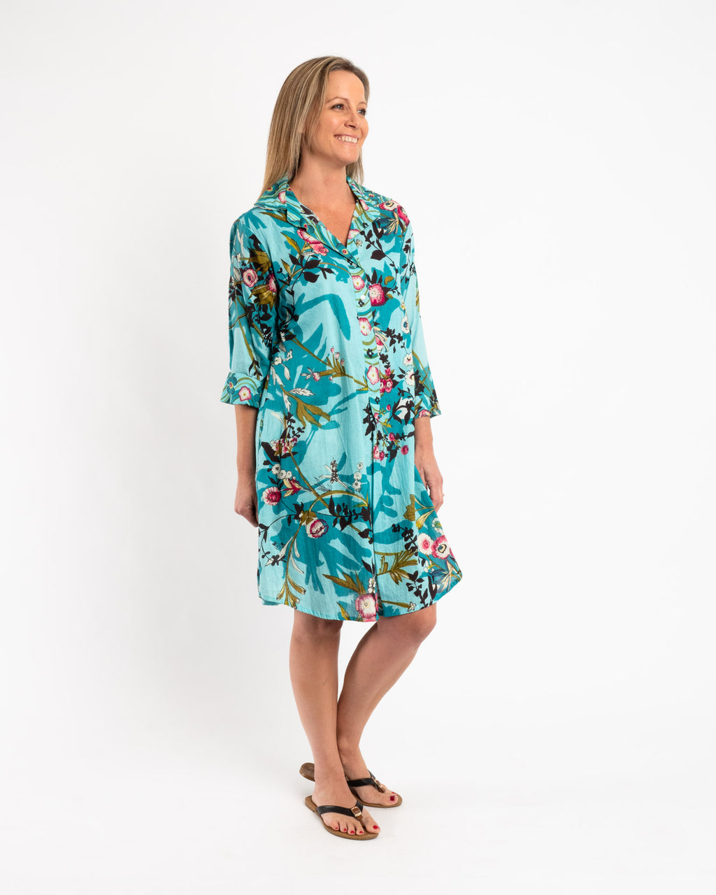 Collared Summer Dress in Turquoise Japanese Garden