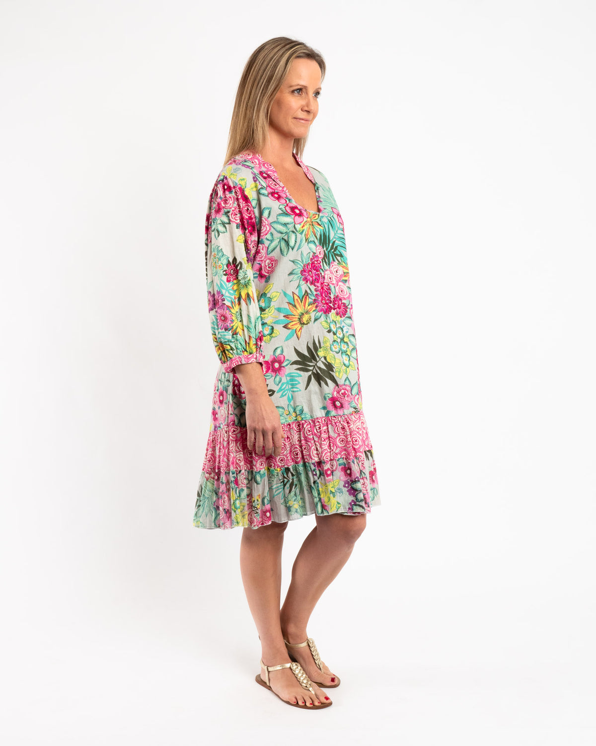 Embroidered Tunic Dress in Pink and Pale Green Floral