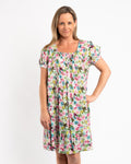 Cap Sleeve Summer Dress in Green Pink Garden