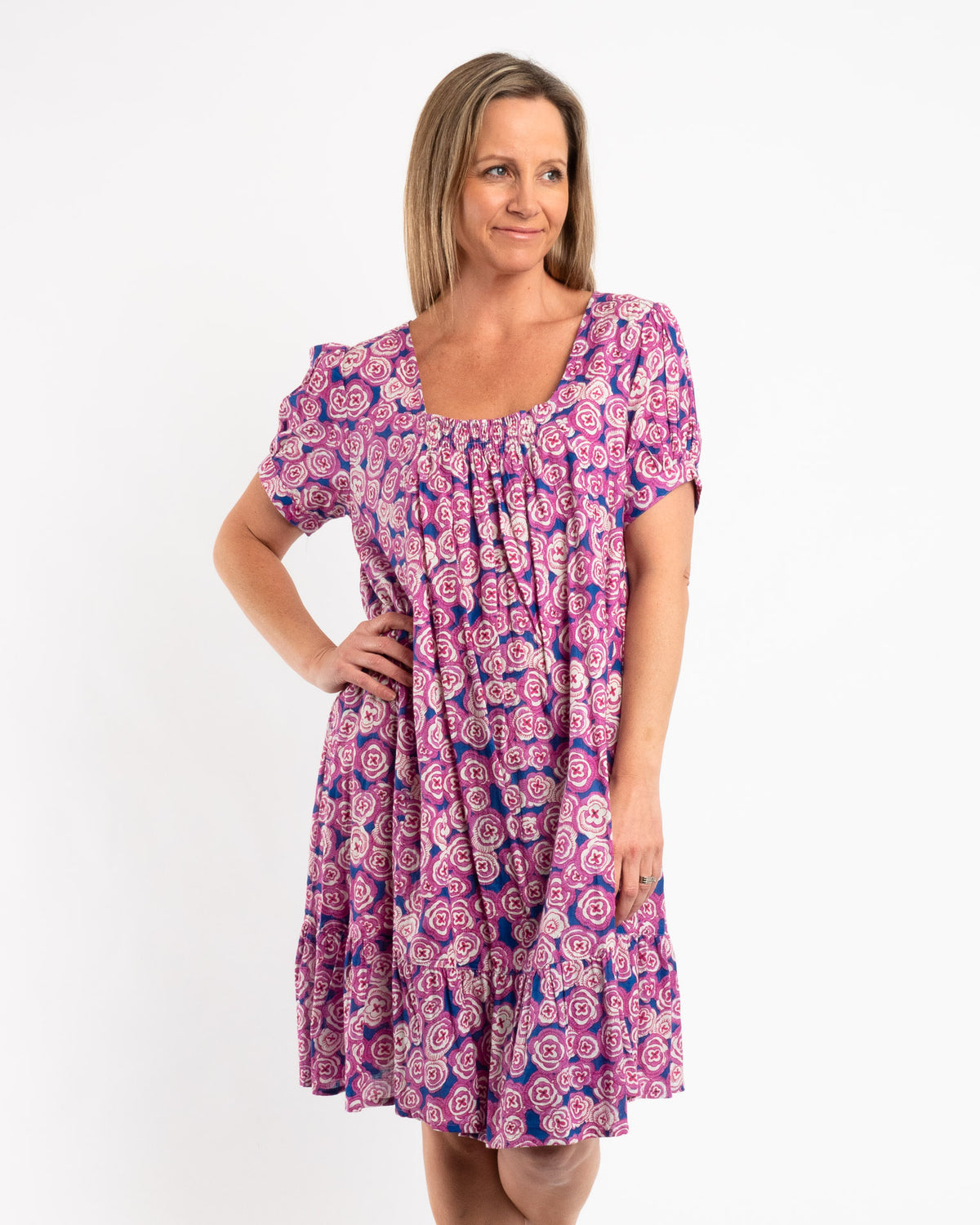 Cap Sleeve Summer Dress in Pink and Royal Blue