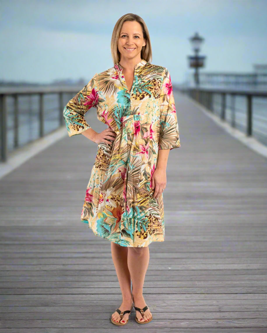 Pleated Summer Dress in Ecru and Hot Pink Floral