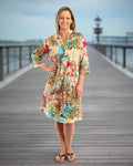 Pleated Summer Dress in Ecru and Hot Pink Floral