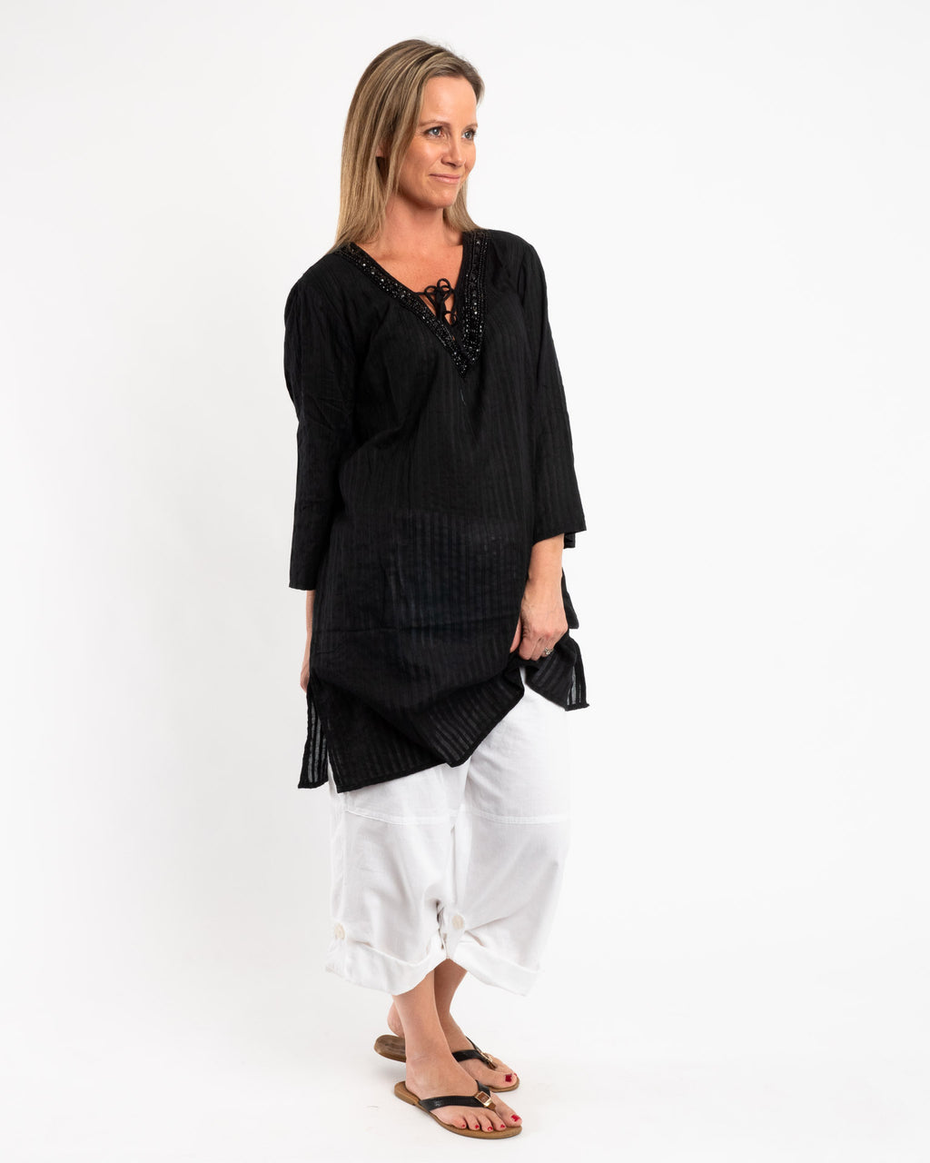 Beaded Kurta Style Top in Black
