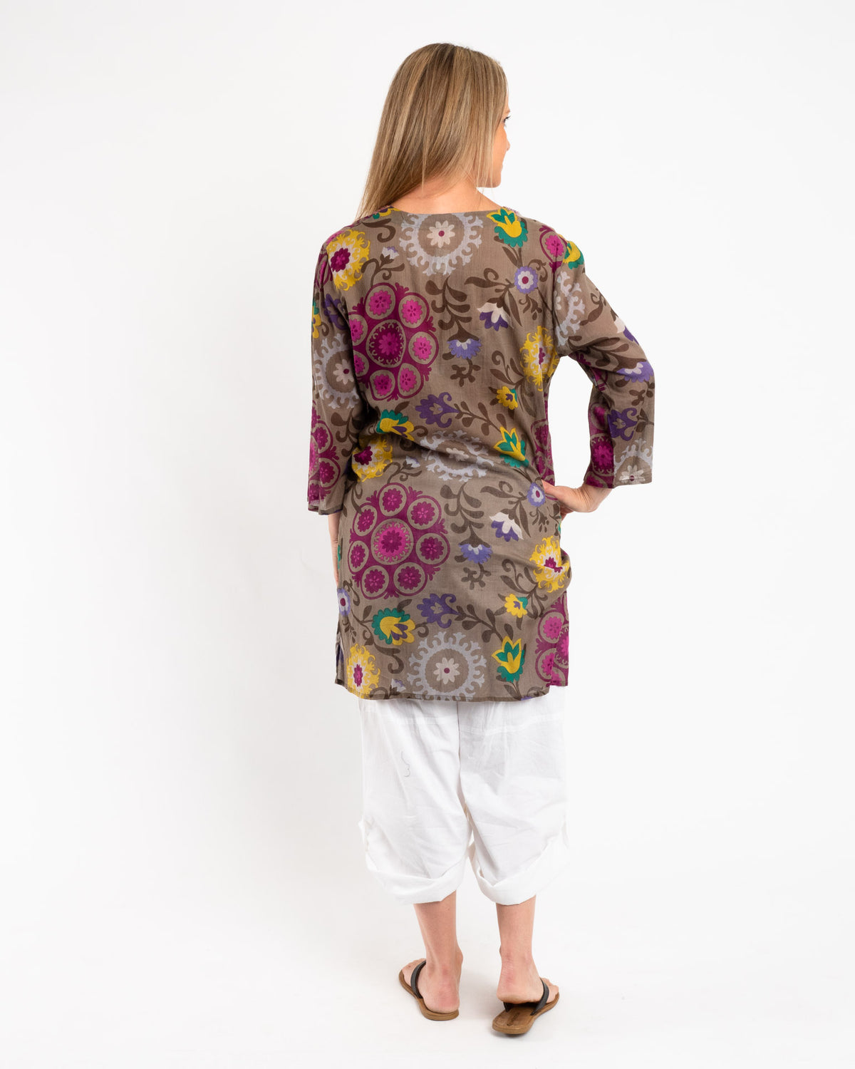 Sequined Floral Top in Olive Grey Background