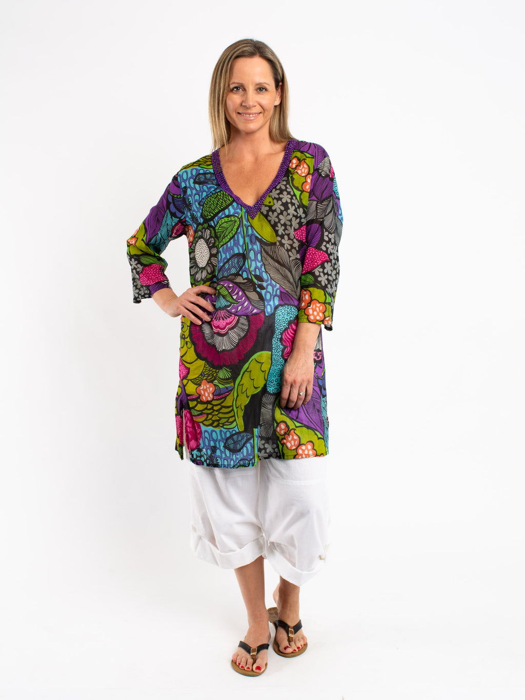 Beaded Kurta Style Top in Fuschia Jungle Print