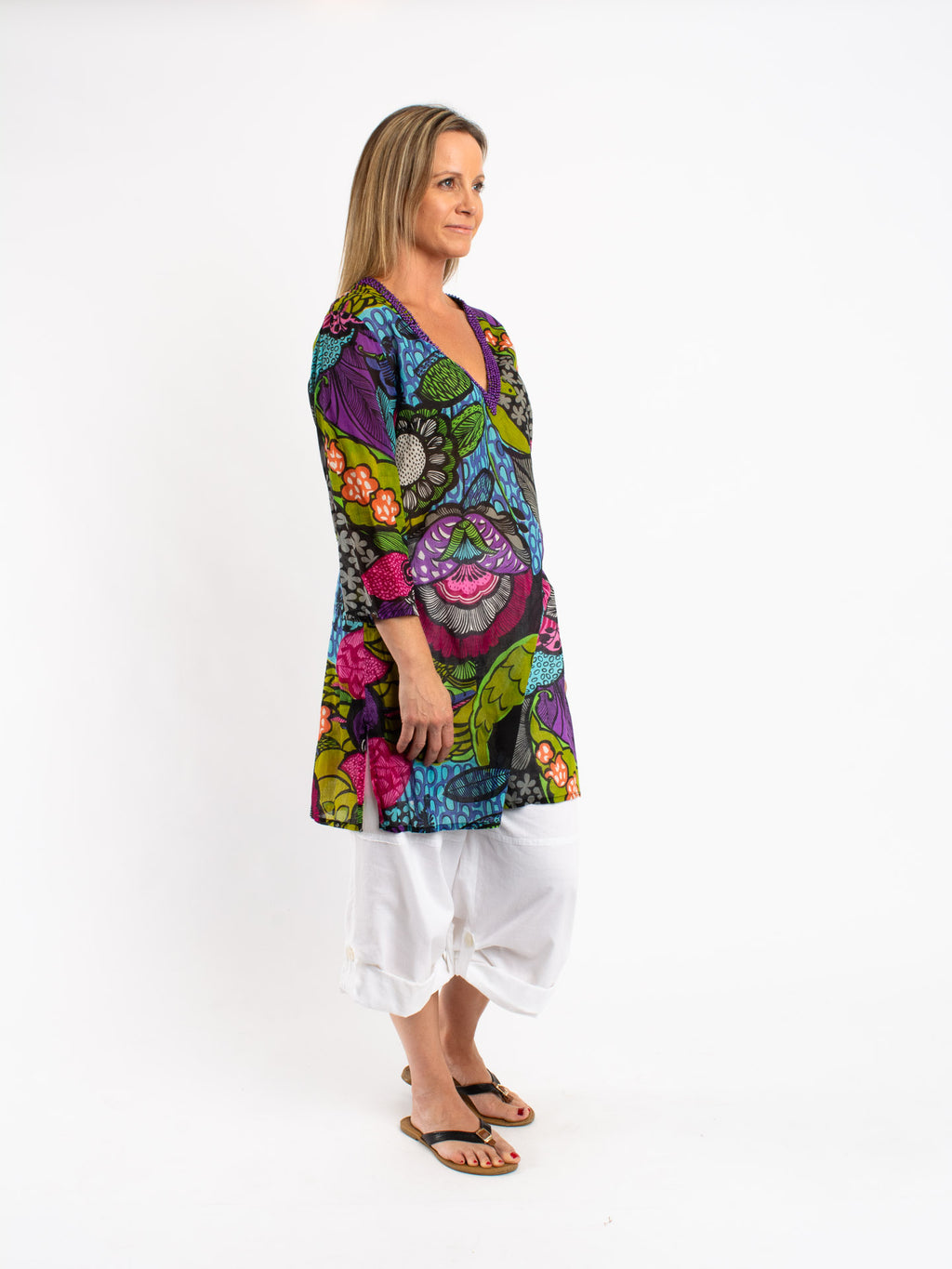 Beaded Kurta Style Top in Fuschia Jungle Print