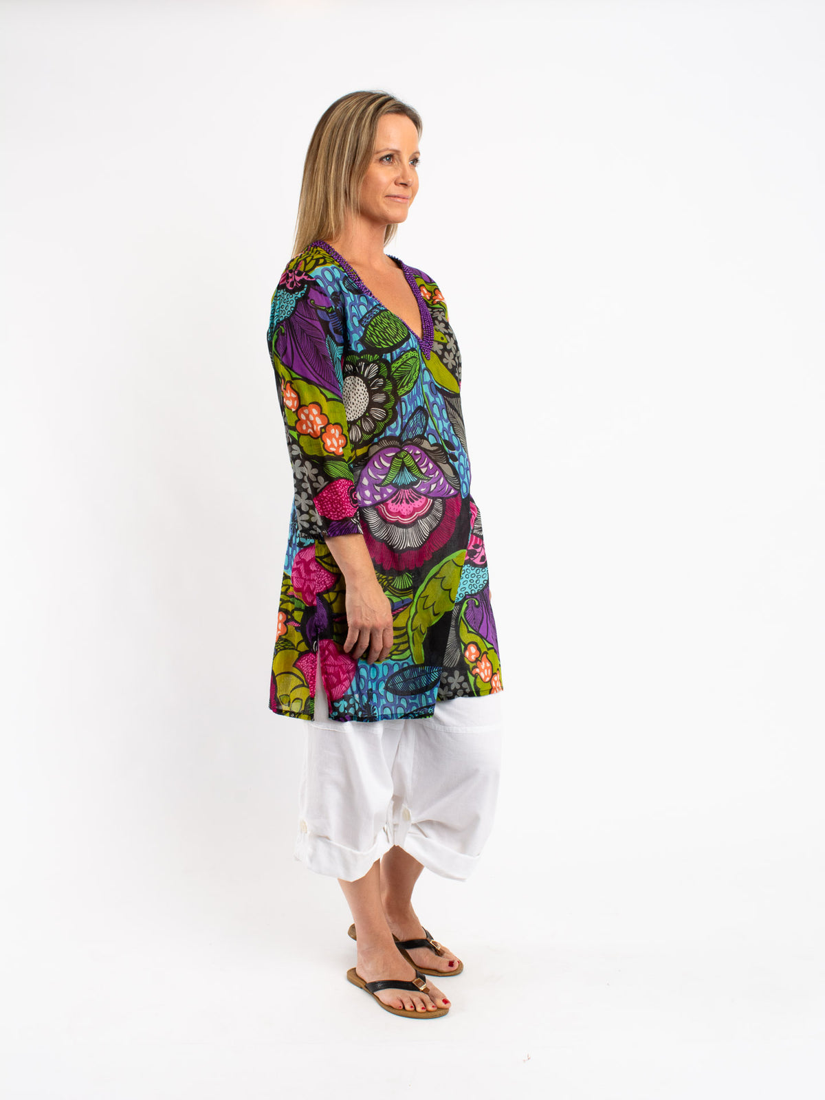 Beaded Kurta Style Top in Fuschia Jungle Print