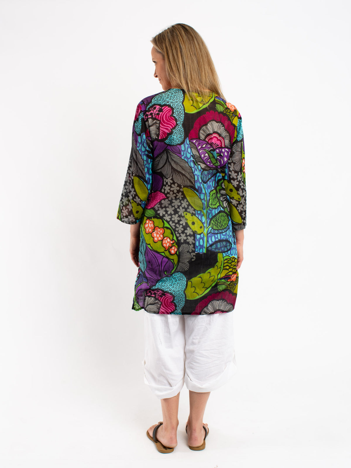 Beaded Kurta Style Top in Fuschia Jungle Print