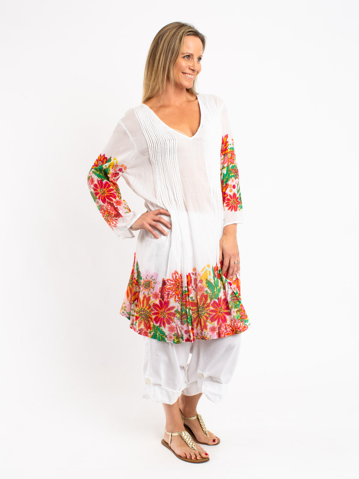 Pleated Dress Length Kurta in Pixelated Floral