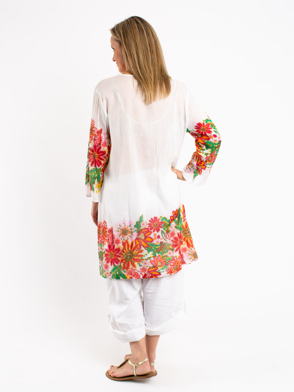Pleated Dress Length Kurta in Pixelated Floral