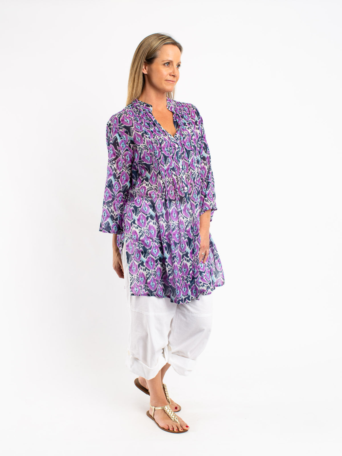 Long Pleated Shirt in Blue Purple Abstract