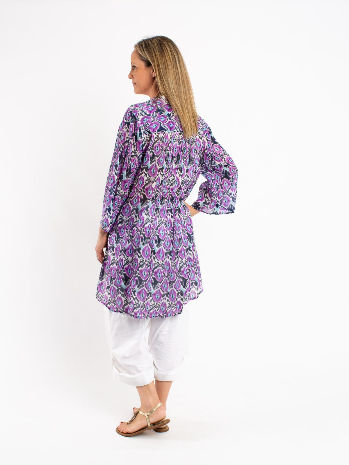 Long Pleated Shirt in Blue Purple Abstract