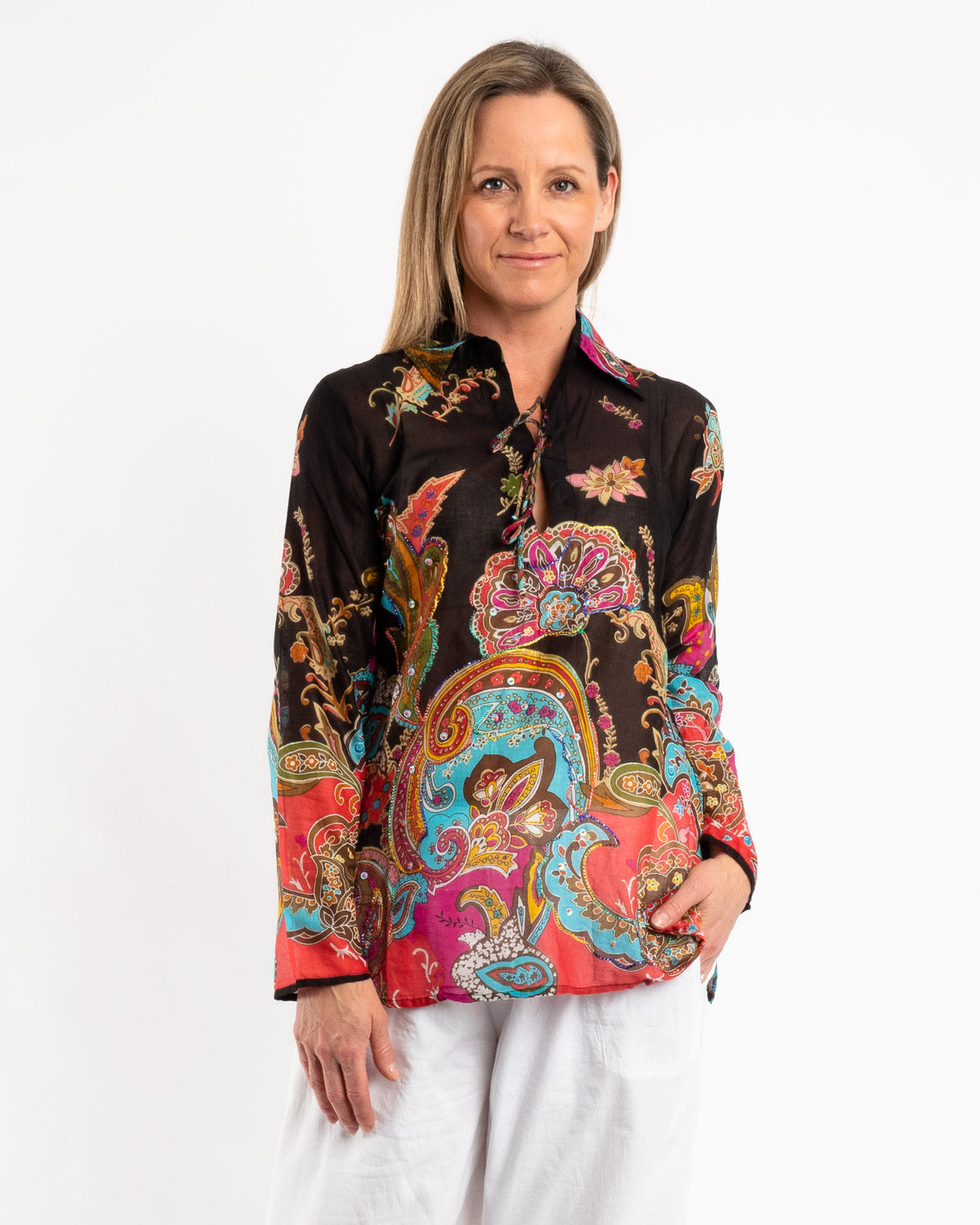 Collared Long Sleeve Top in Paisley Black Floral