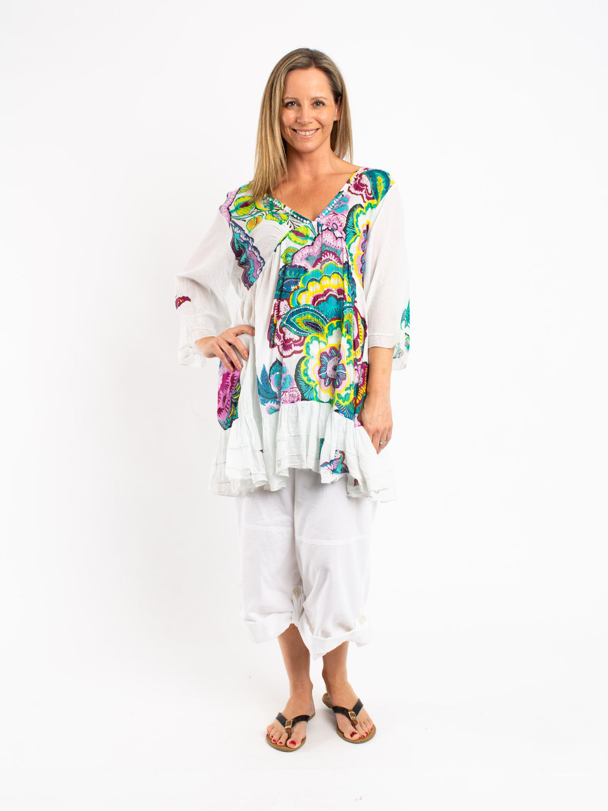 Tunic Length Top with Shell Beaded Neckline