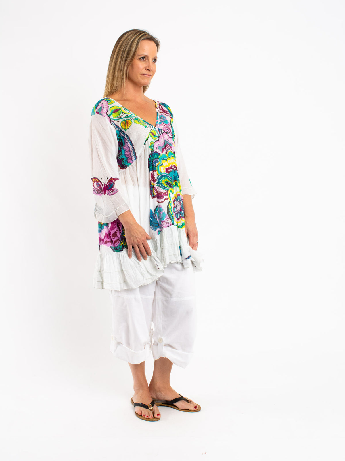 Tunic Length Top with Shell Beaded Neckline