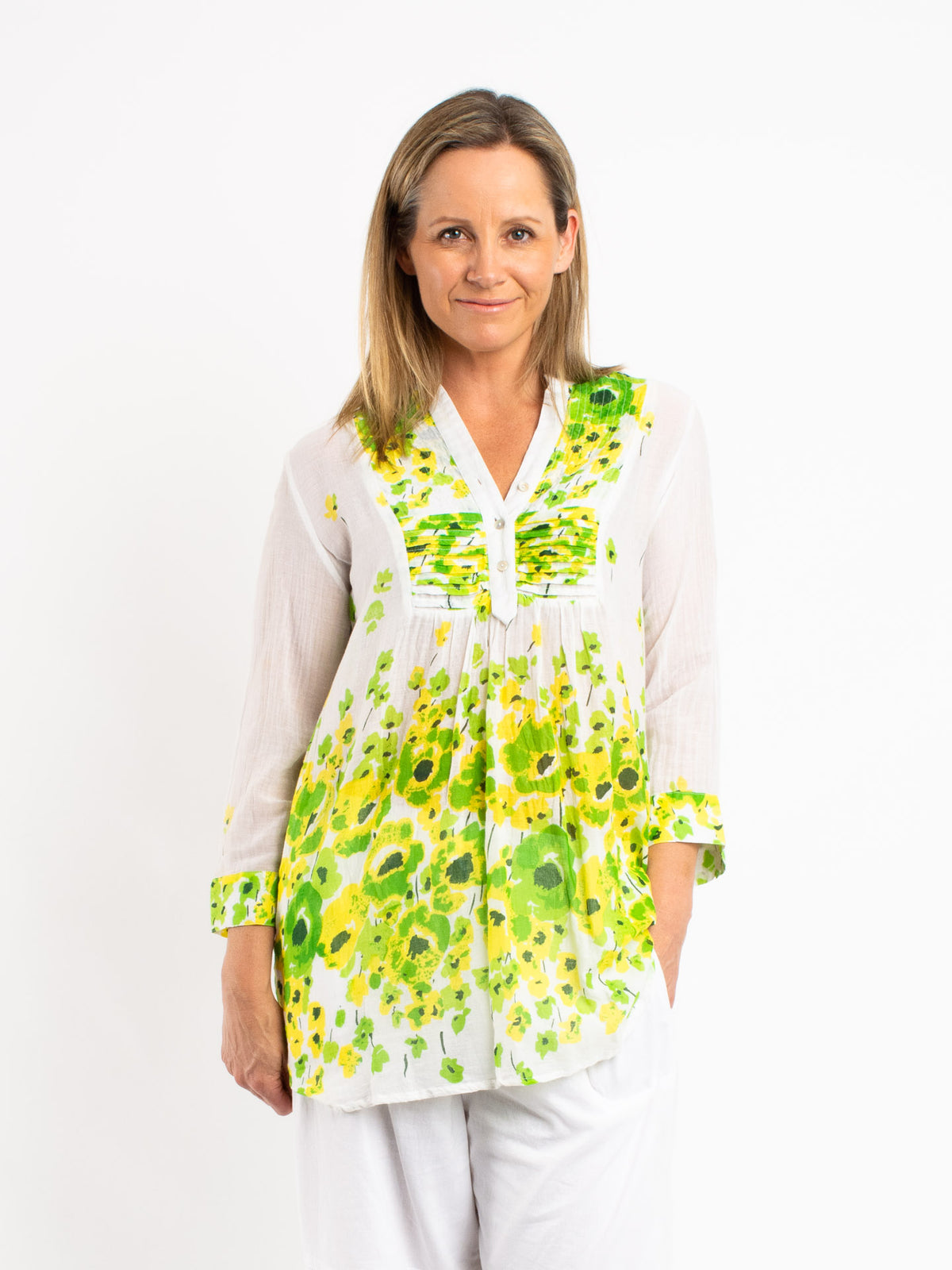 Pleated Top in Lime Yellow Poppies