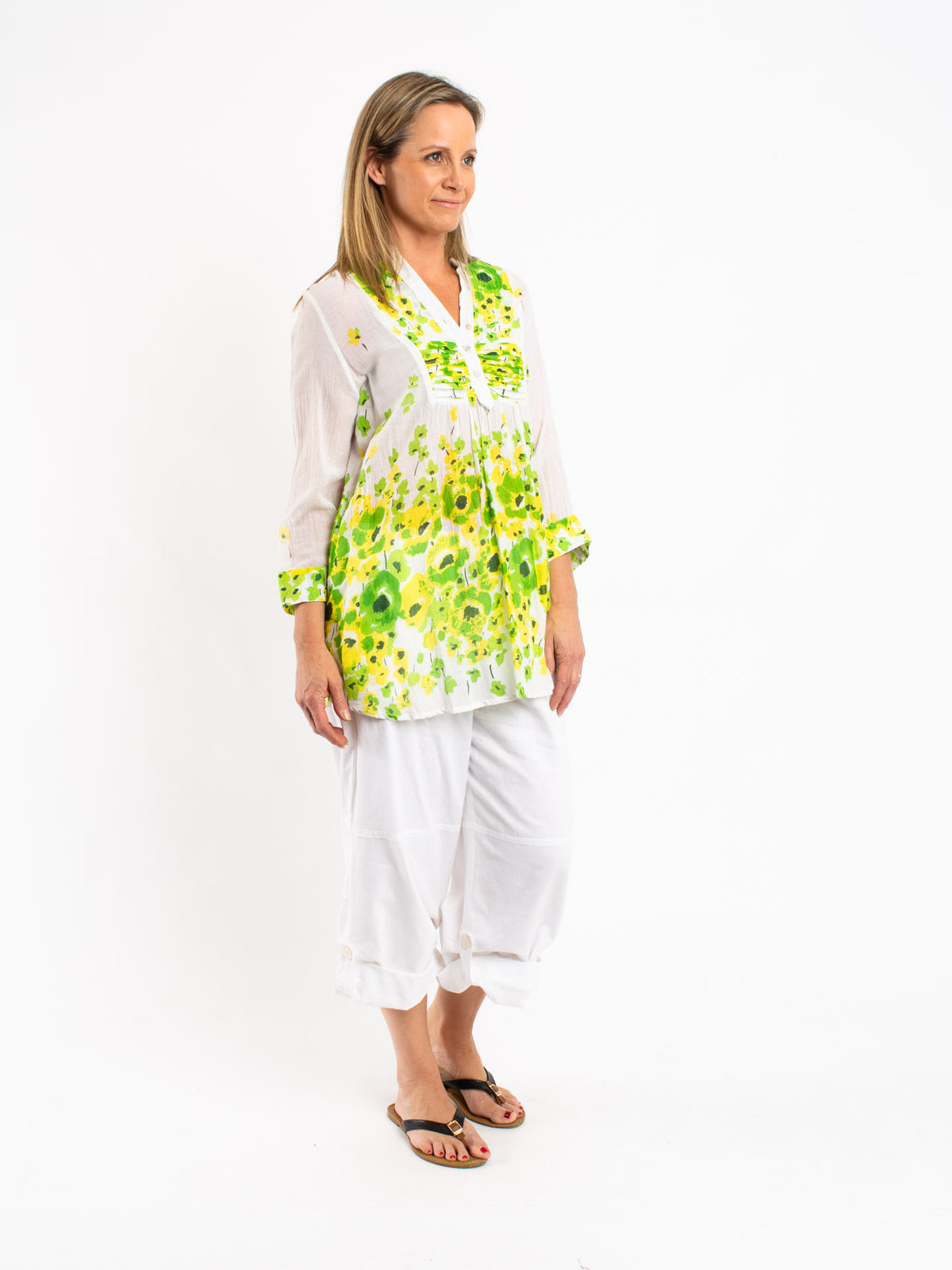 Pleated Top in Lime Yellow Poppies