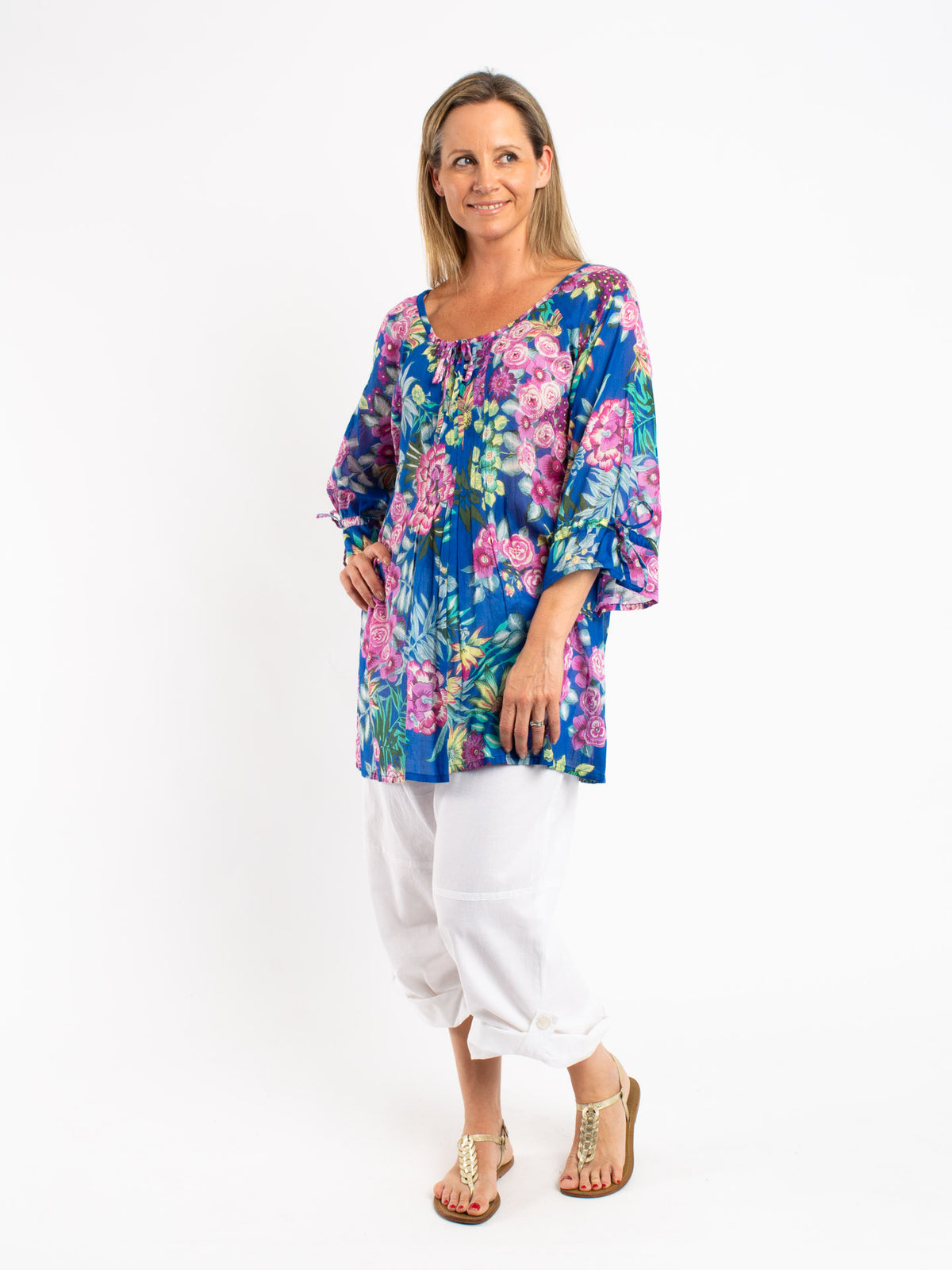 Pleated Round Neck Top in Blue Floral