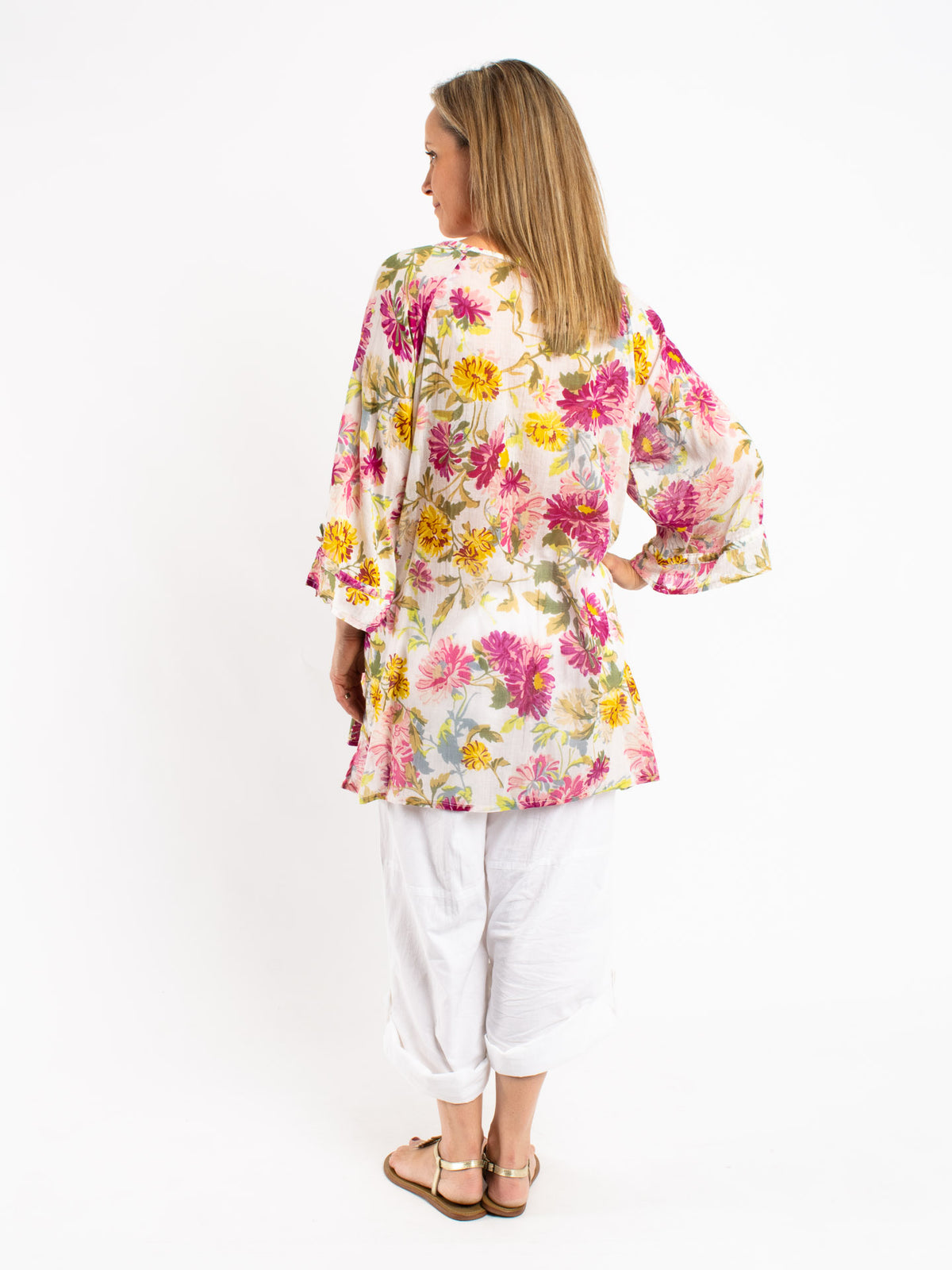 Pleated Round Neck Tie Top with ties in Ecru Floral