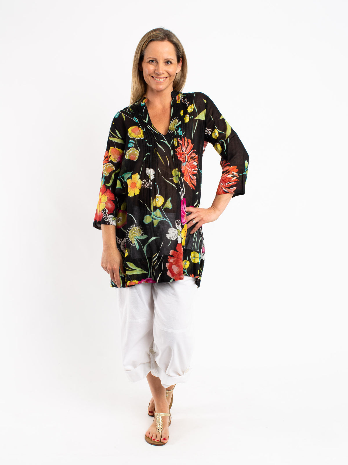 Pleated Long Top in Black Floral