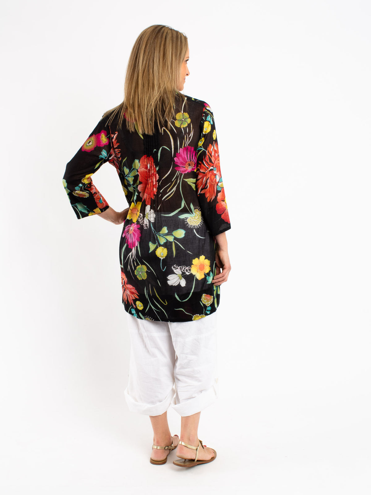 Pleated Long Top in Black Floral