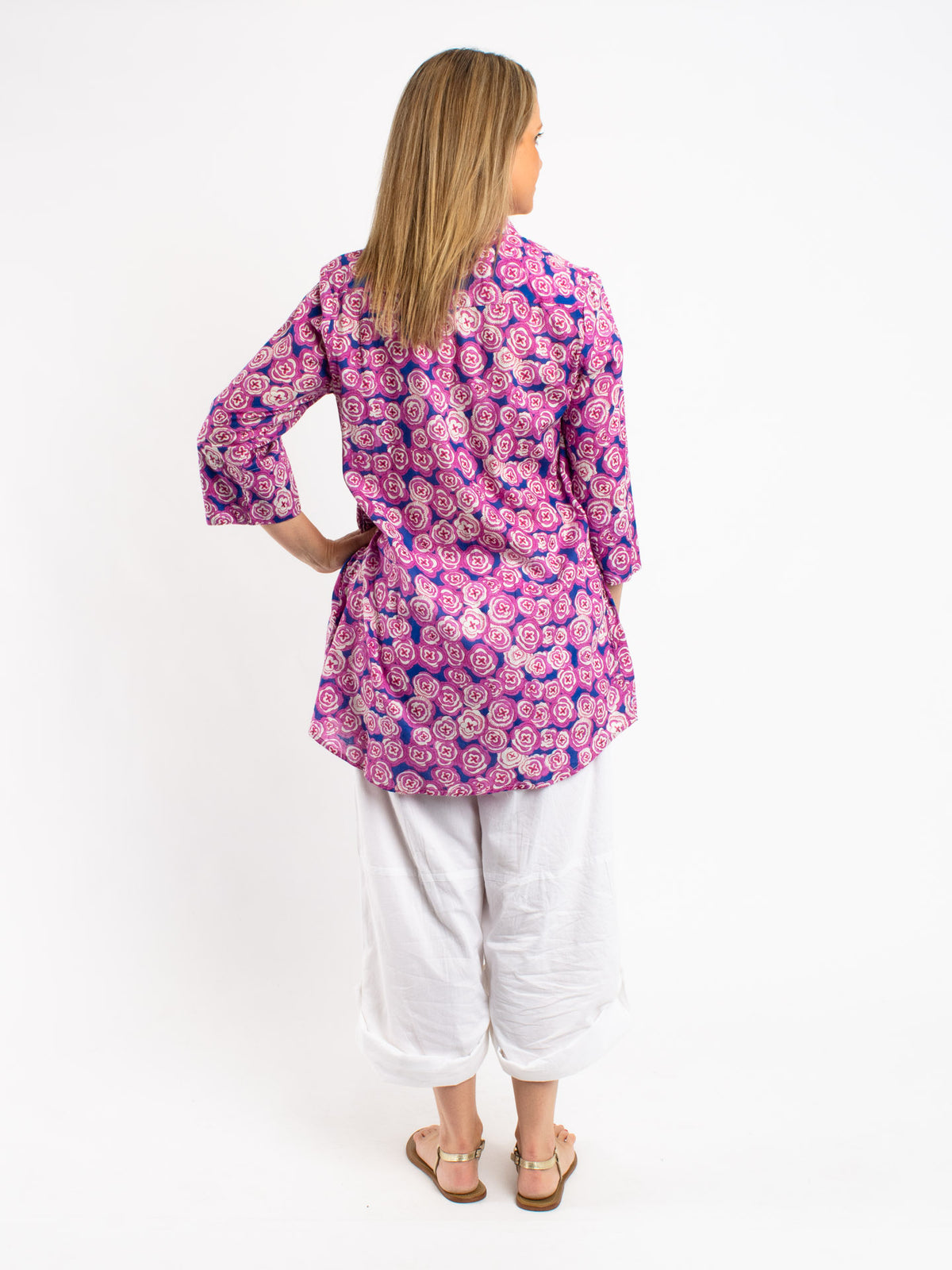 Long Pleated Shirt in Pink and Blue Floral