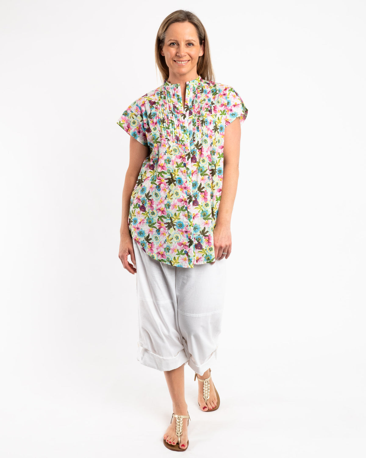 Cap Sleeve Shirt in Lime Pink Floral