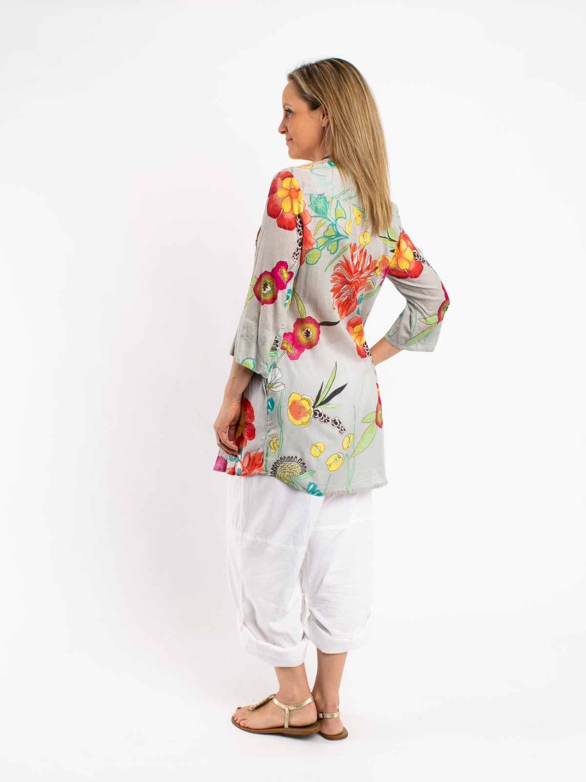 Long Pleated Shirt in Grey Floral