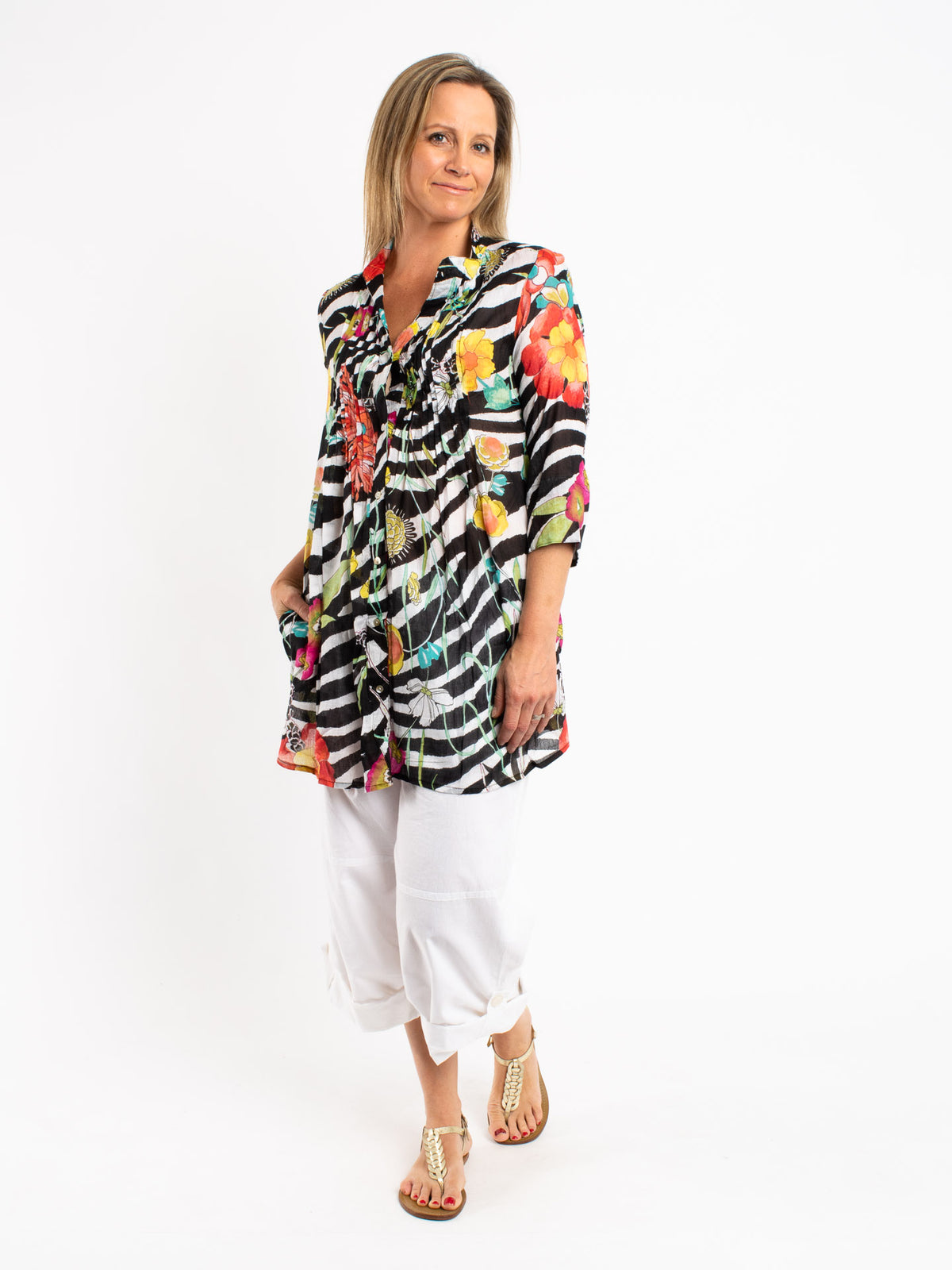 Long Pleated Shirt in Zebra Floral