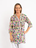 Long Pleated Shirt in Green Pink Garden