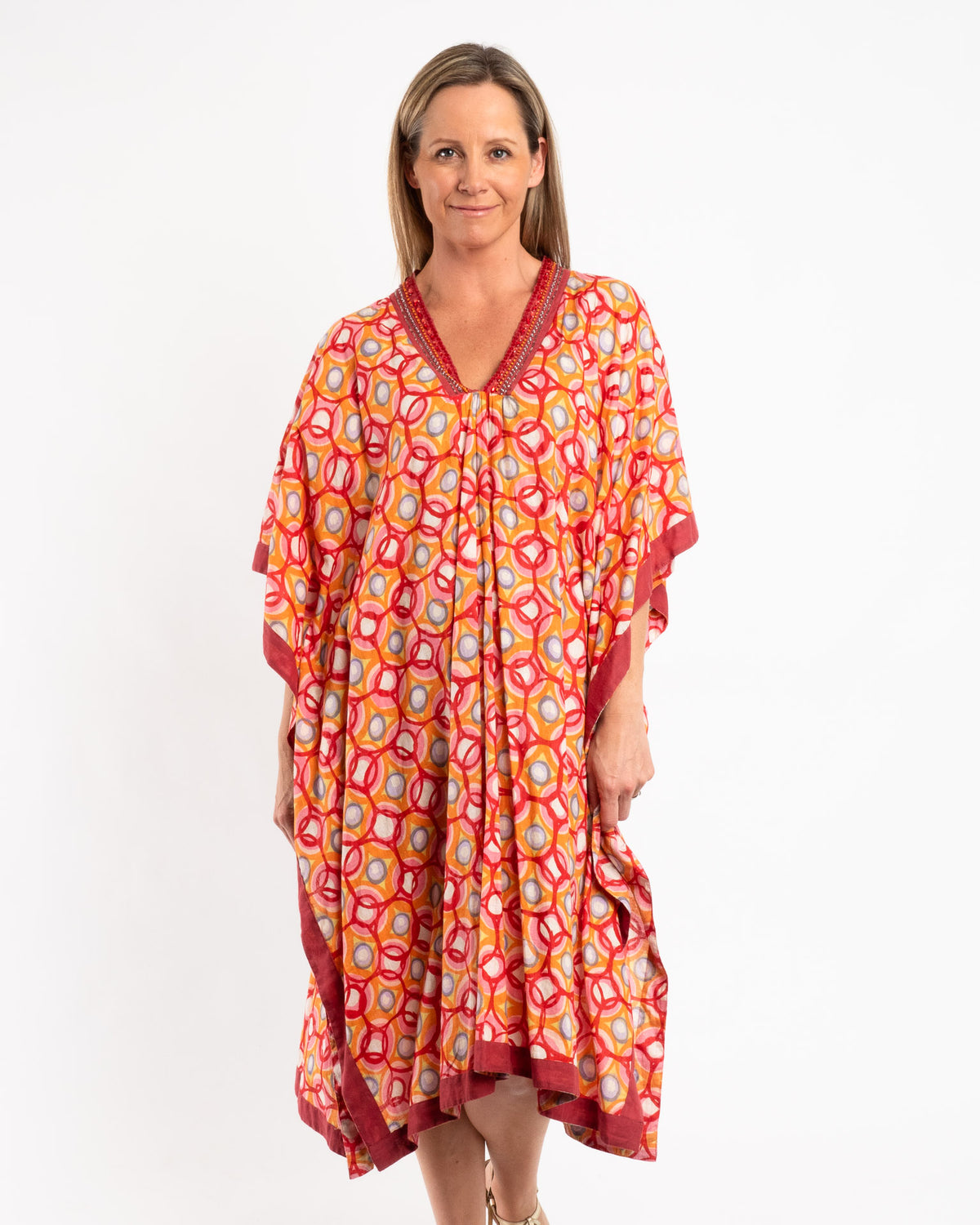 Soft Pure Cotton Kaftan in Red and Orange Circles