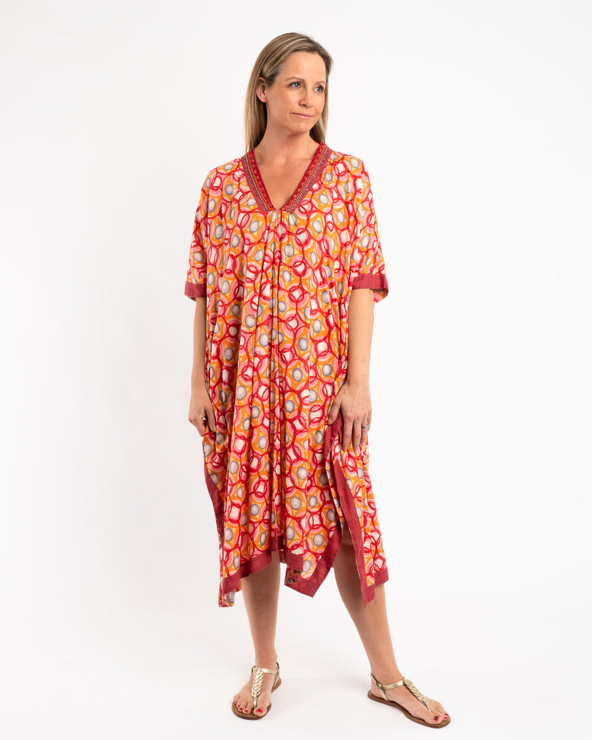 Soft Pure Cotton Kaftan in Red and Orange Circles