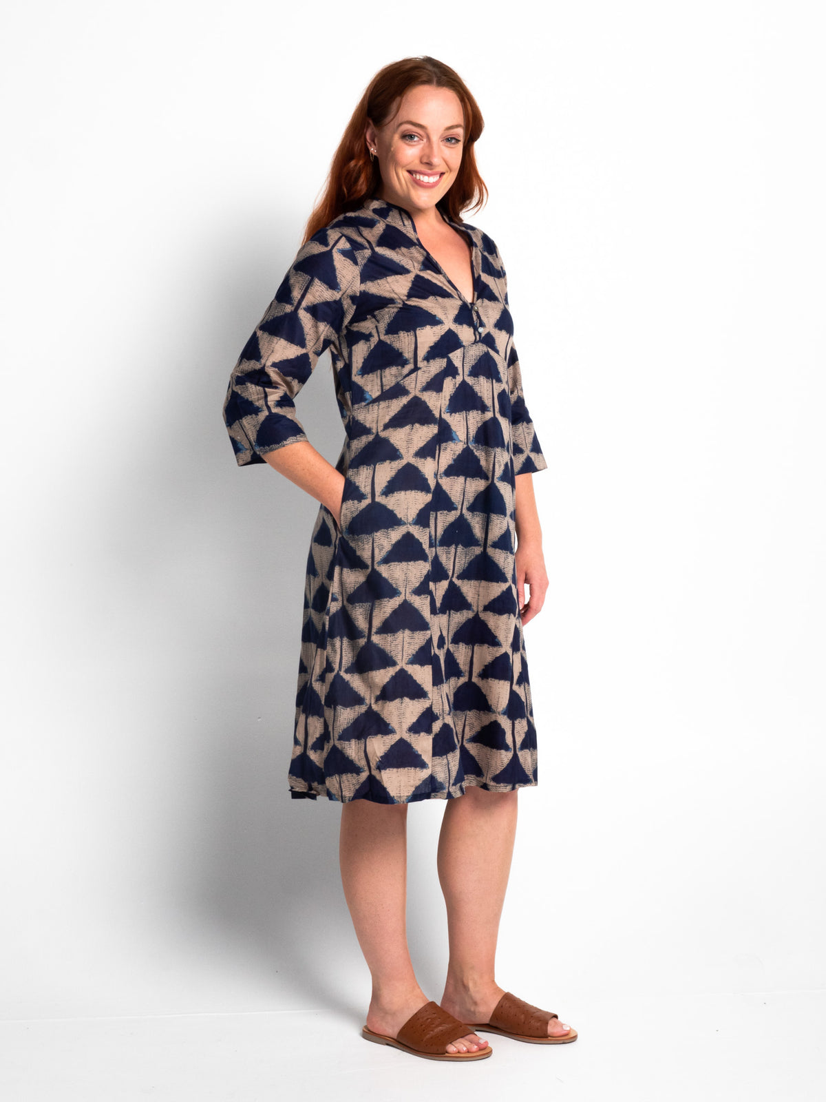 Mareeba Dress 3/4 Sleeve in Blue Triangles