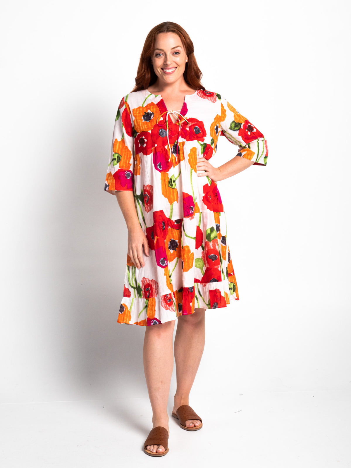 Keppel V-neck Gypsy Dress in Orange and Red Poppies