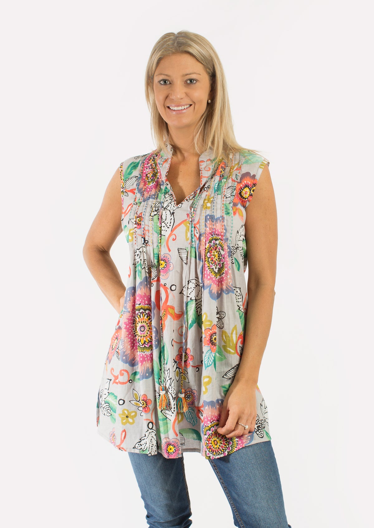 Embroidered Sleeveless Long Top in Grey Pink Garden Print