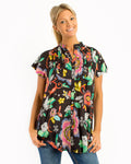 Magnetic Cap Sleeve Shirt in Black Pink Garden