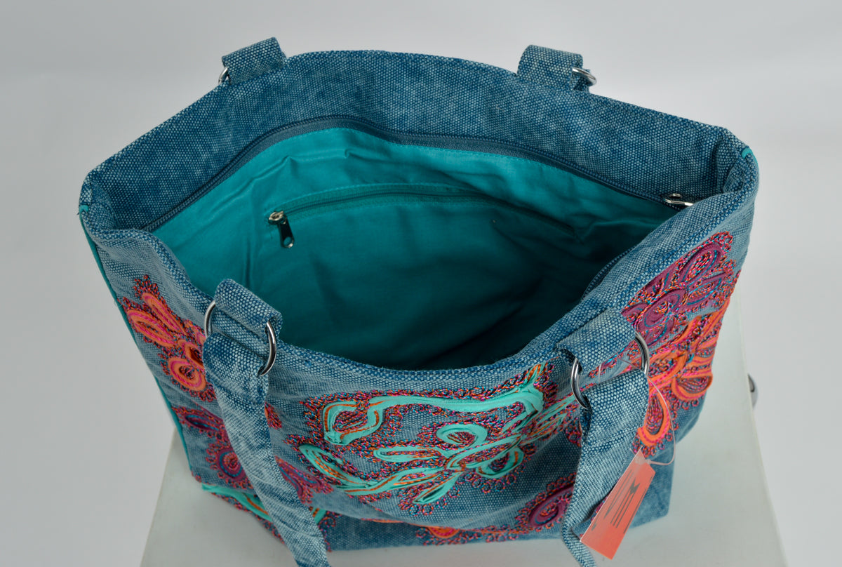 Denim-look tote bag with funky applique and embroidery