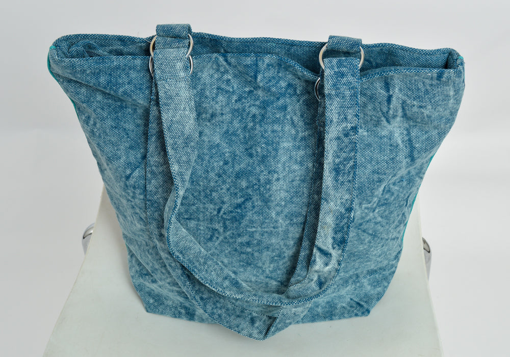 Denim-look tote bag with funky applique and embroidery